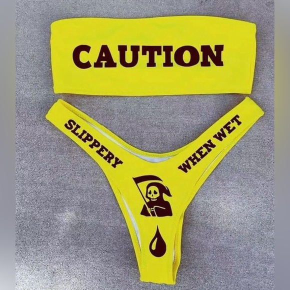 Caution "Slippery When Wet" Yellow Bandeau High Cut Bikini Set - Picture 4 of 10